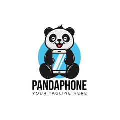 cute panda cartoon cartoon smile and hold smartphone gadget phone logo mascot illustration vector