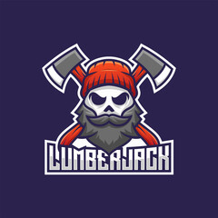 lumberjack skull with mustache and beard mascot logo. man face head with ax illustration vector