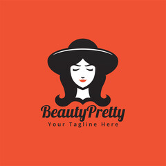 Woman beauty face with hat and long hair in black white silhouette style logo illustration