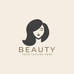 Woman beauty face with long hair in black white vintage silhouette style logo illustration