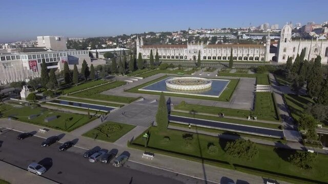 Jer&oacute;nimos Monastery Lisbon Portugal aerial shot 4k