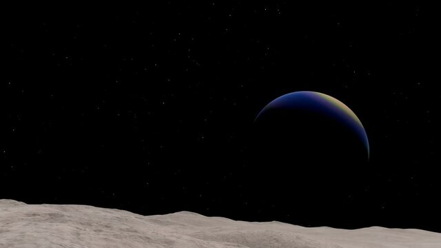 A view of a strange barren alien moon, tidally locked around a beautiful purple gas giant in an alien solar system. A science fiction exoplanet 3D render animation