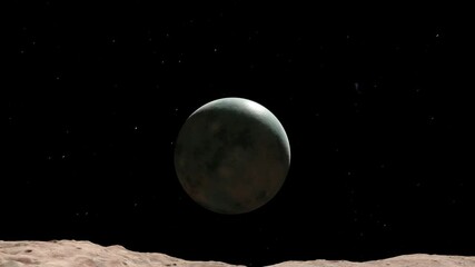 A view of a strange barren green and white alien planet from the surface of it's tidally locked nearby moon - Powered by Adobe