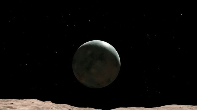 A view of a strange barren green and white alien planet from the surface of it's tidally locked nearby moon