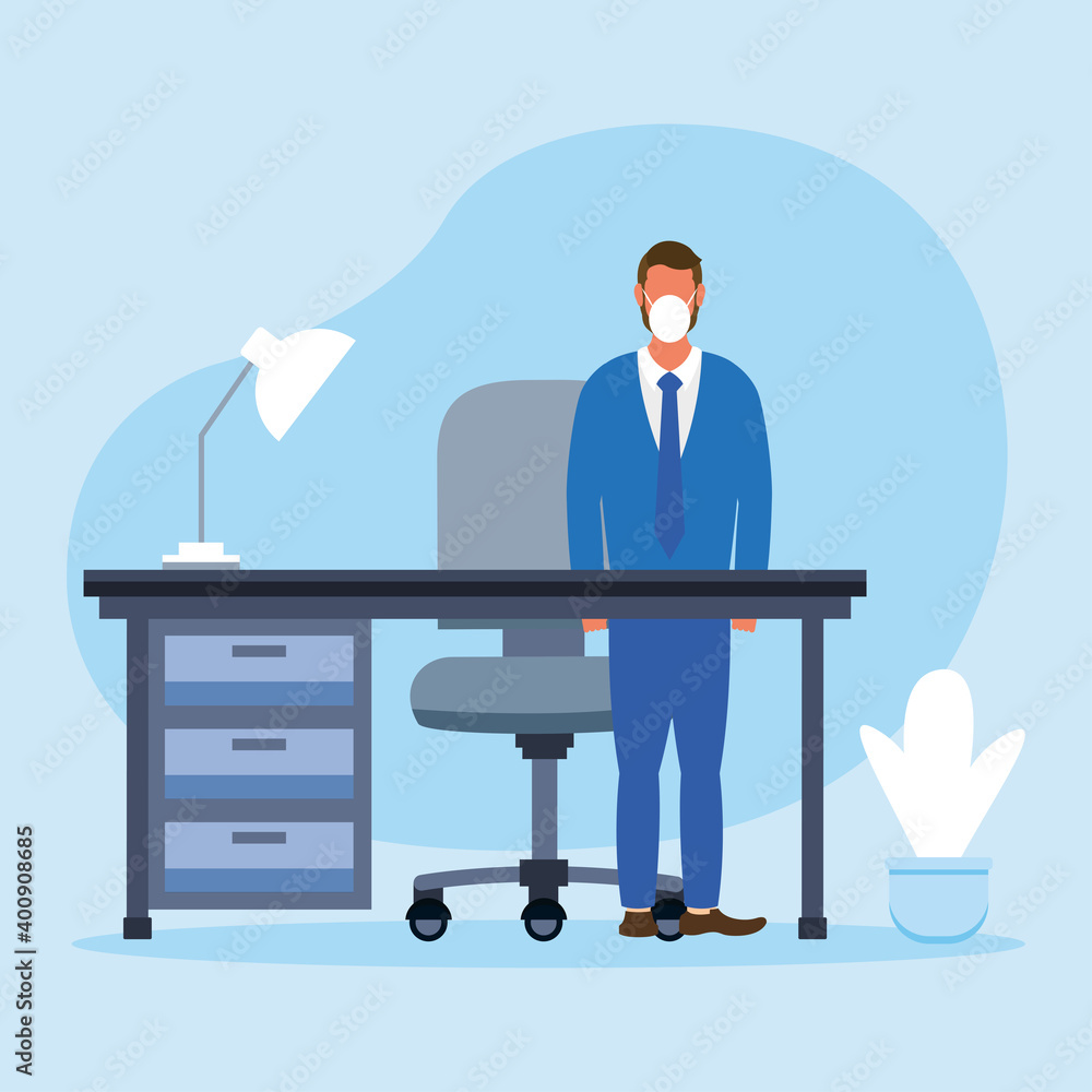 Poster office distancing of man with mask and desk vector design