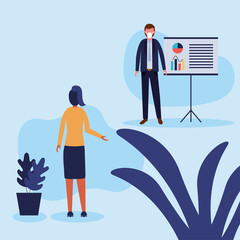Obraz premium Office distancing between man and woman with mask and board vector design