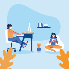 Office distancing between women with masks on desk and puf vector design