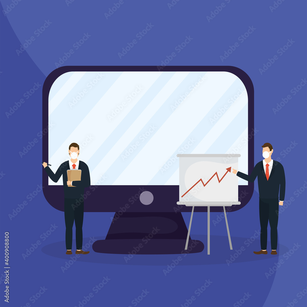 Aufkleber office distancing between men with masks and computer vector design