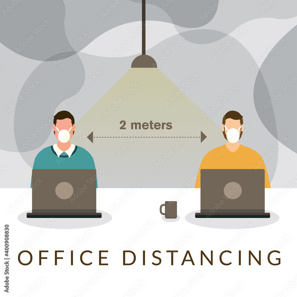 Aufkleber office distancing between men with masks and laptops vector design