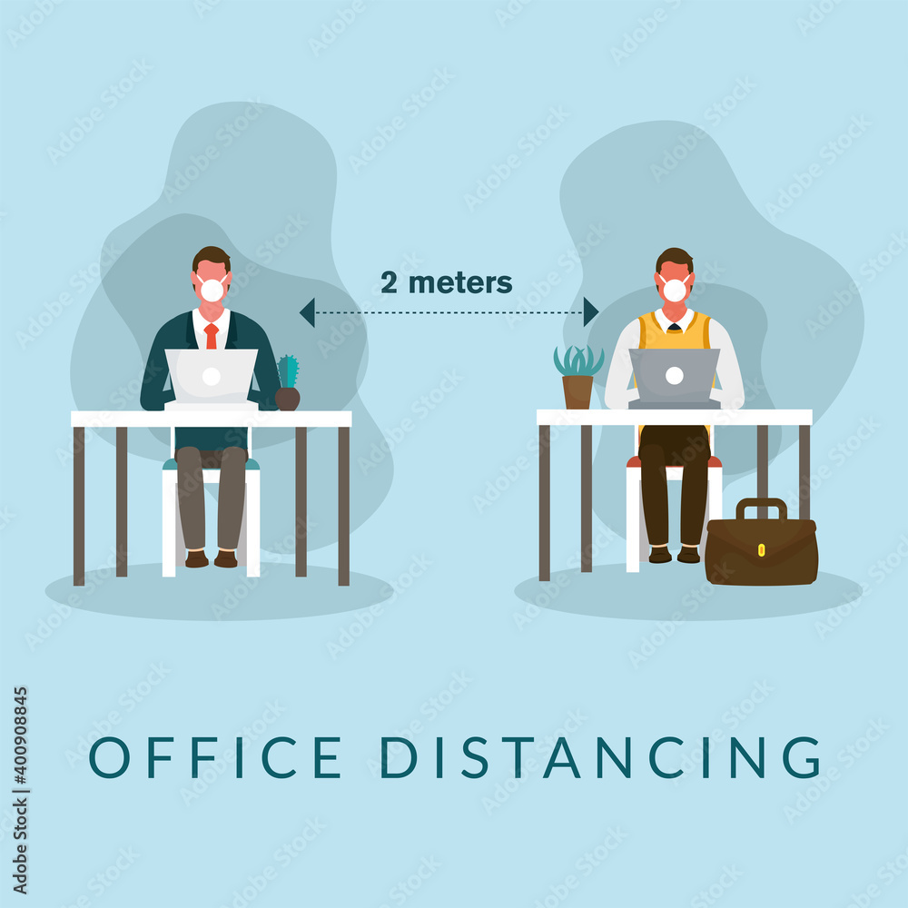 Poster office distancing between men with masks on desks vector design