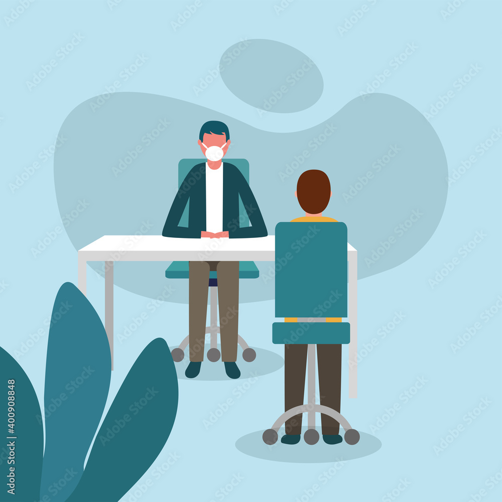 Poster office distancing between men with mask on desk vector design