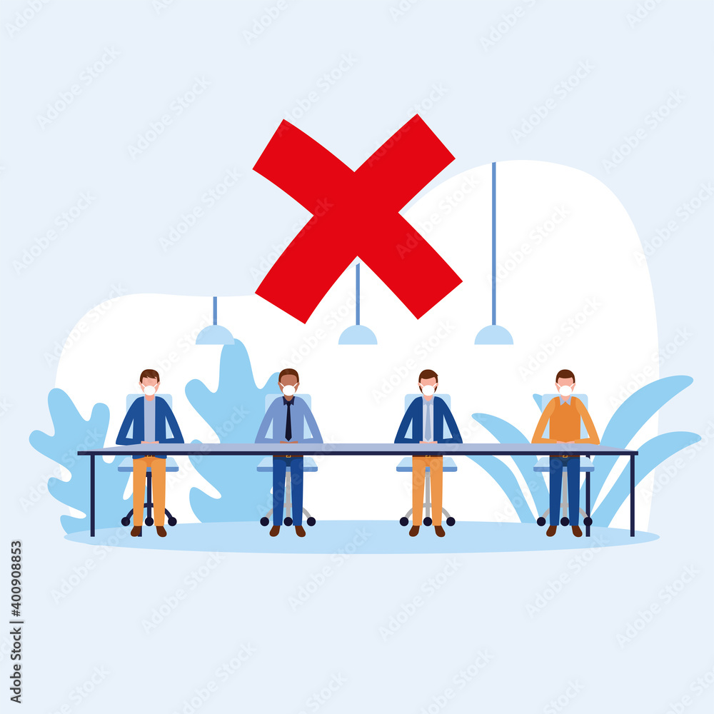 Poster office distancing between men with masks on table vector design