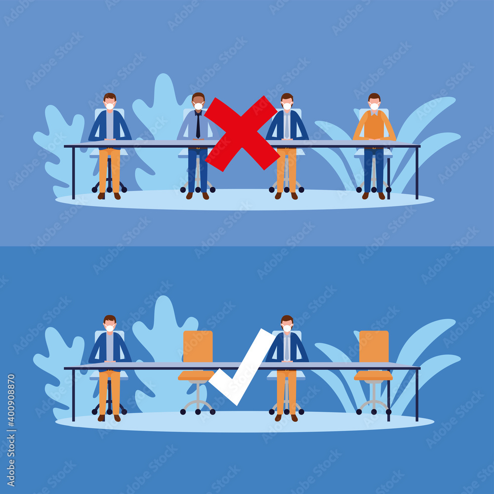 Aufkleber office distancing between men with masks on table vector design