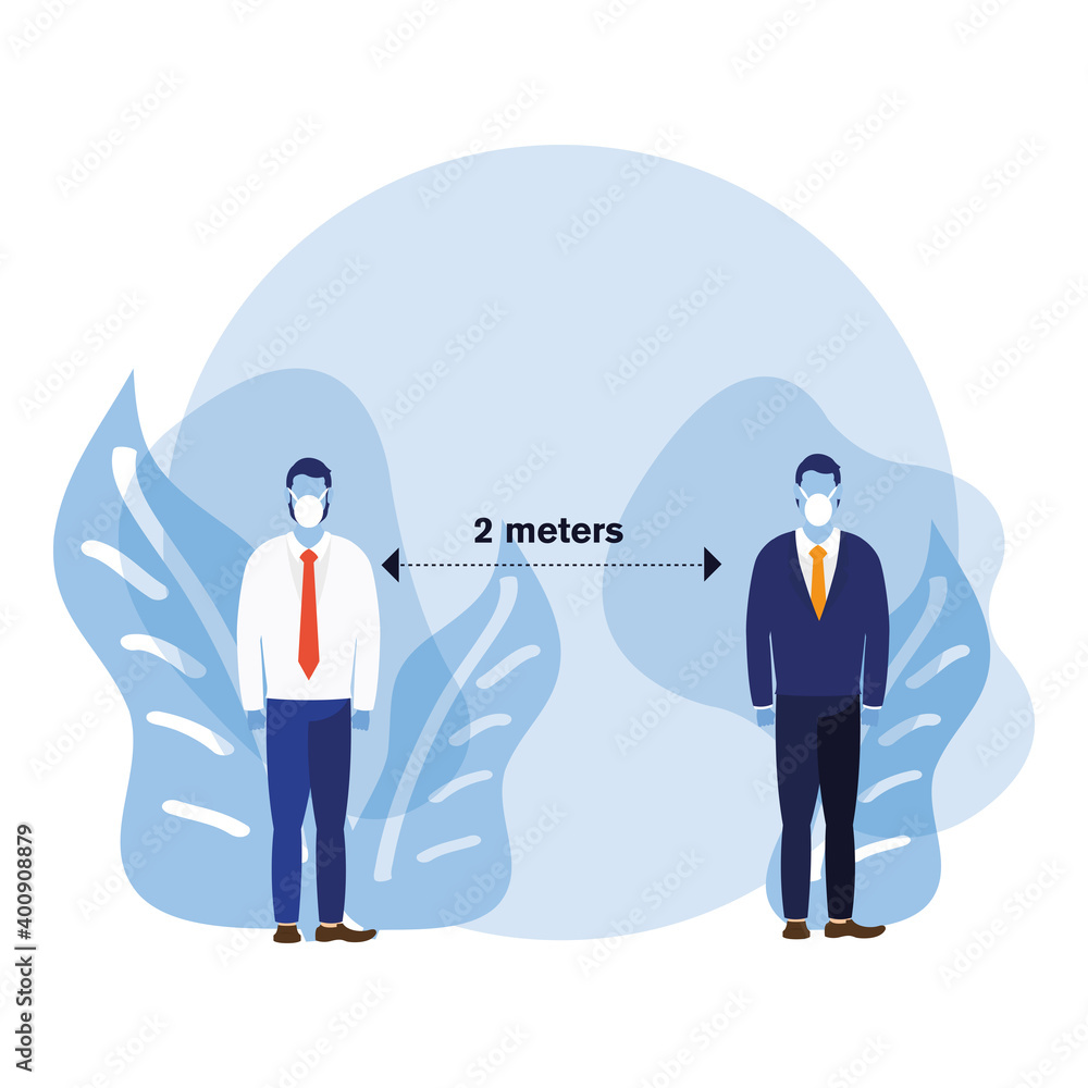 Poster office distancing between men with masks and leaves vector design