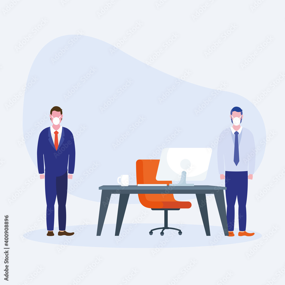 Aufkleber office distancing between men with masks and desk vector design