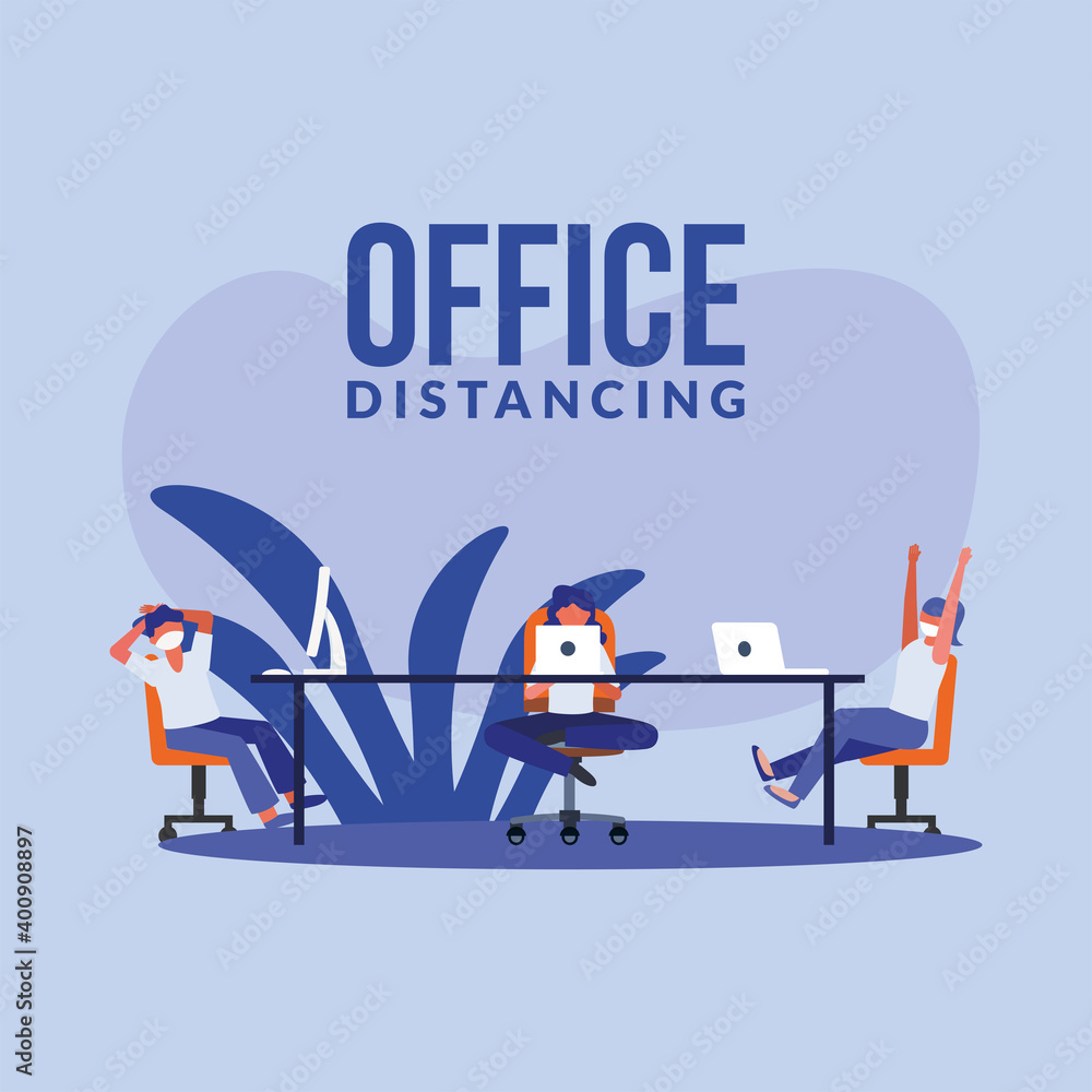 Poster office distancing between people with masks on tabl evector design
