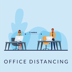 Office distancing between man and woman with mask on desks vector design