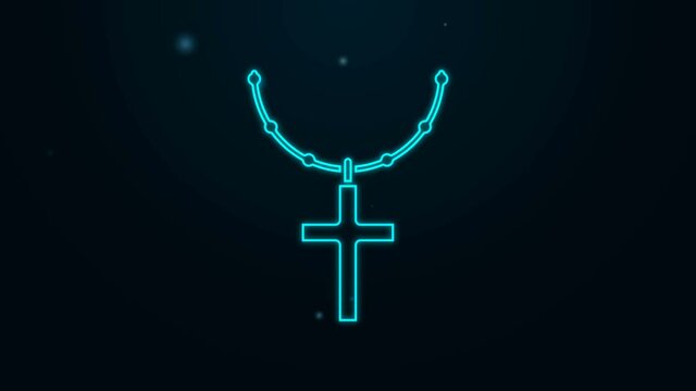 Glowing neon line Christian cross on chain icon isolated on black background. Church cross. 4K Video motion graphic animation