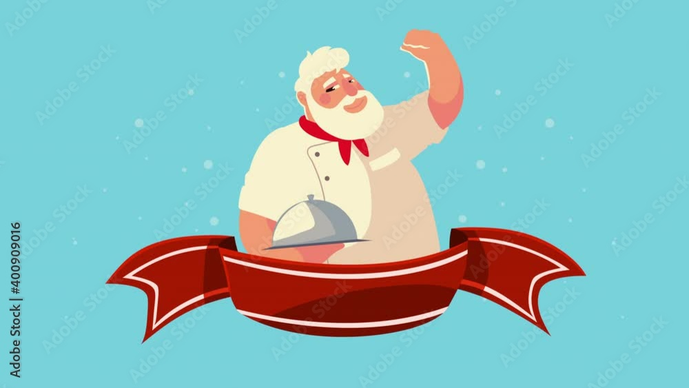 Poster chef lifting tray with ribbon frame animation