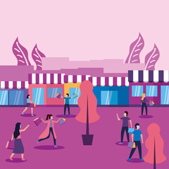 Women and men with masks bags and stores vector design