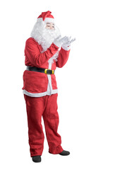 Asian man in Santa costume blow something on his hand