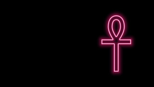 Glowing neon line Cross ankh icon isolated on black background. 4K Video motion graphic animation