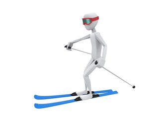 Obraz premium Skier character with red ski giggles and blue skis doing a slight turn - side view