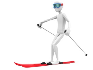 Fototapeta premium Skier with blue goggles and red skis - side view