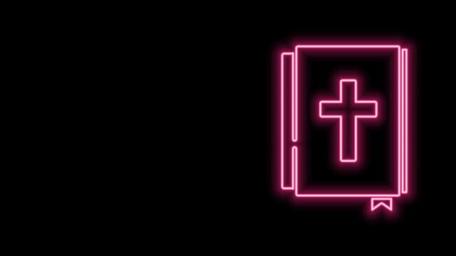 Glowing neon line Holy bible book icon isolated on black background. 4K Video motion graphic animation