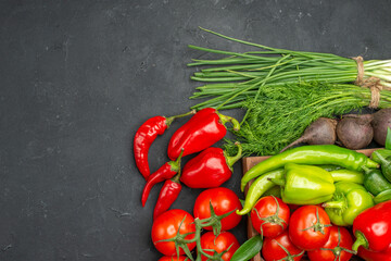 Horizontal view of vegetable basket with a bunch of green and peppers cucumber and tomatoes with stem carrots beets on dark background