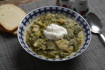 Collard dish. Delicious homemade coolard stew served in in a bowl.