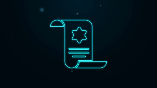 Glowing neon line Torah scroll icon isolated on black background. Jewish Torah in expanded form. Star of David symbol. Old parchment scroll. 4K Video motion graphic animation