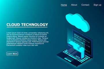 Cloud technology computing concept. Isometric cloud technology with folder data and laptop. Modern cloud technologies. Vector illustration