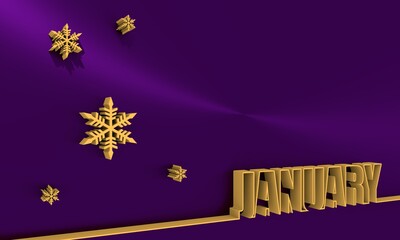 Lettering illustration with word january. Typography poster in thin line style. 3D rendering.