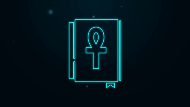 Glowing neon line Cross ankh book icon isolated on black background. 4K Video motion graphic animation
