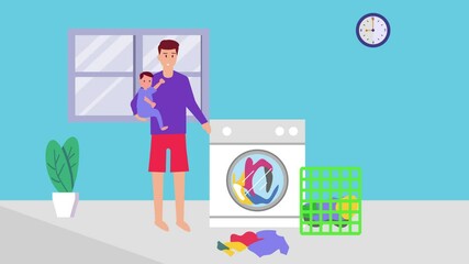 Father washing clothes while holding his baby