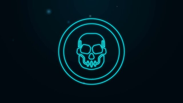 Glowing neon line Mexican skull coin icon isolated on black background. 4K Video motion graphic animation