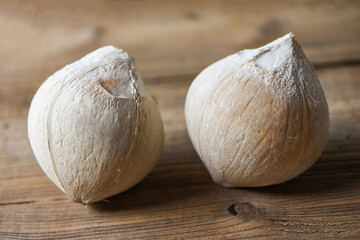 Tropical fruit coconut on wooden table, Fresh coconut for food.