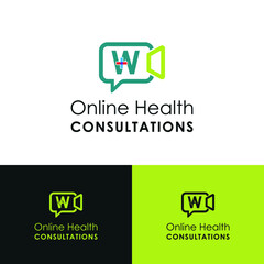 Letter  W with chat, video, medical cross icon for Health online consultant logo vector concept