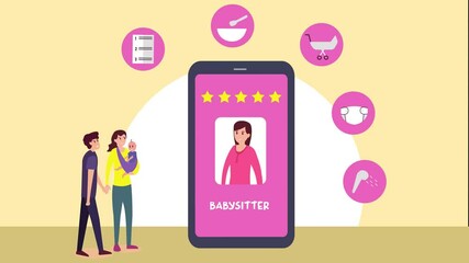 Parents and baby choose nanny online on cellphone
