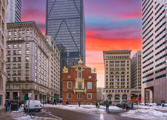 Boston Old state house at winter sunset