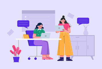 illustrations of office ladies discussing work in the office
