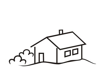 Fototapeta premium House with door and windows, shrub, black vector icon 