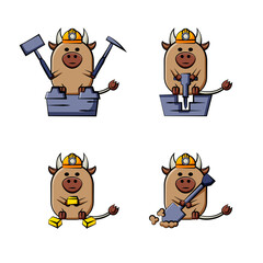 Cute ox gold mining cartoon handdrawn style set. Breaking rock, drilling, and digging the ground.