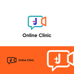 Fototapeta premium Letter J with chat, video, medical cross icon for Health online consultant logo vector concept