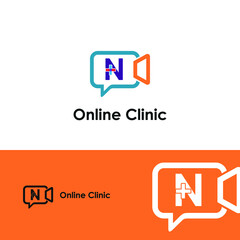 Letter N with chat, video, medical cross icon for Health online consultant logo vector concept