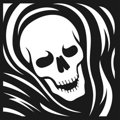 a skull wearing a robe. vector illustration. black and white	