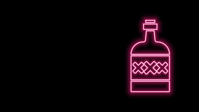 Glowing neon line Tequila bottle icon isolated on black background. Mexican alcohol drink. 4K Video motion graphic animation
