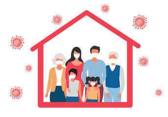 Family stay home  concept to protect from covid-19 outbreak vector illustration. Self quarantine 