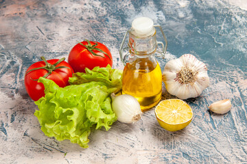 front view fresh green salad with oil and tomatoes on light-blue background meal salad photo ripe color